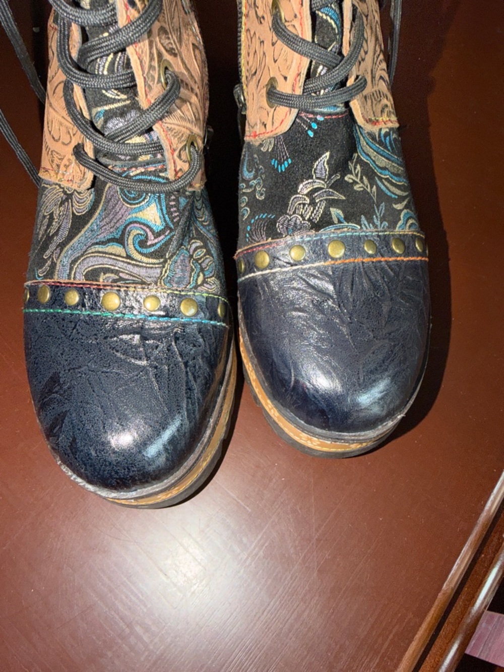 Spring Step Multi-Color Lace-Up Floral Embossed Leather Boots - Picture 15 of 15